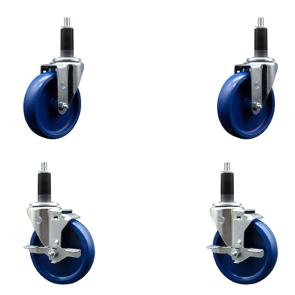 5'' Solid Poly Wheel Swivel 1-1/8'' Expanding Stem Caster Set 2 Brakes, 4PK